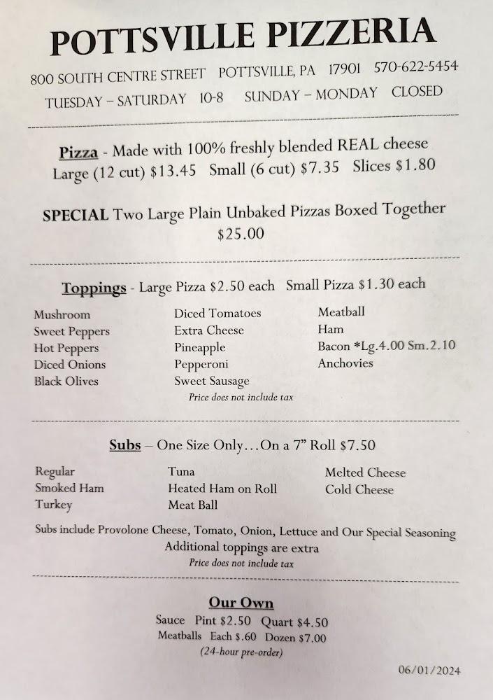 Pottsville Pizzeria Menu image 1